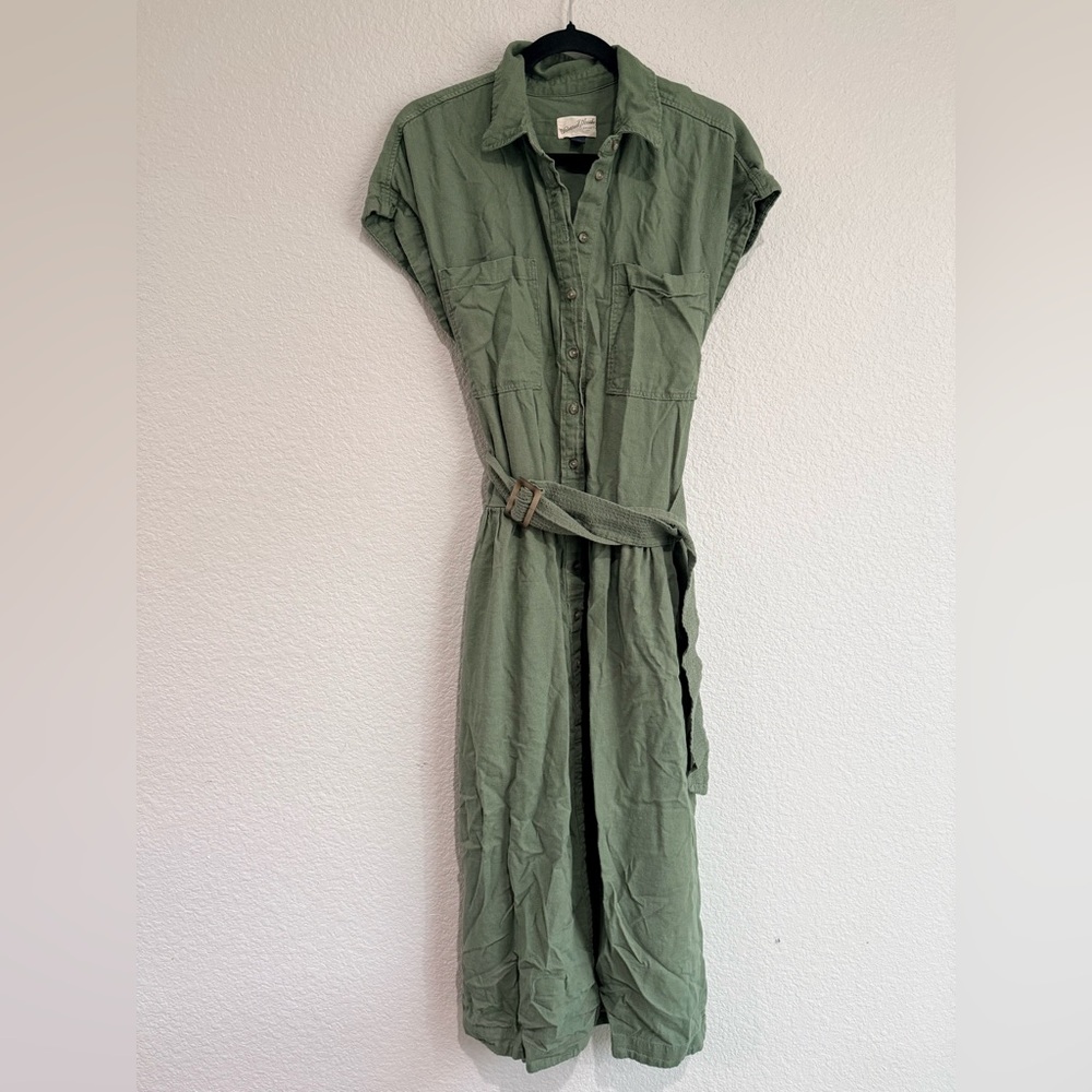 Short Sleeve Belted Midi Shirtdress - Olive Green M - Picture 3 of 6